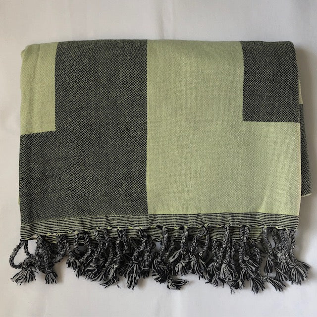 Double-Weave Pestemal Throw Blanket in Square Design, Light Green