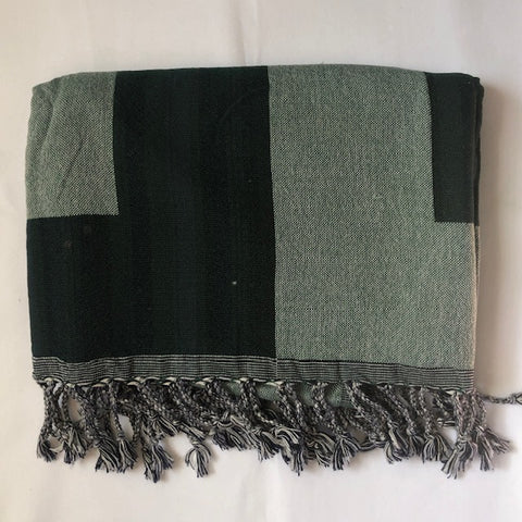 Double-Weave Pestemal Throw Blanket in Square Design, Dark Green