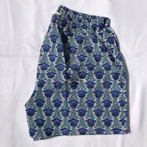 Anokhi for Accacia Men’s Boxer Shorts in Blue Tulip on White Ground