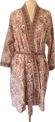 Anokhi for Accacia Short Bathrobe in Floral Damask on White