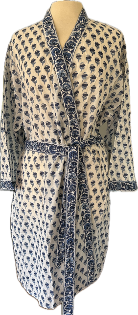 Anokhi for Accacia Short Bathrobe in Small Blue Floral on White
