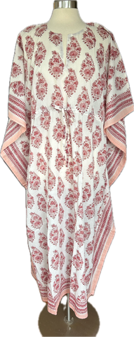 Anokhi Drawstring Kaftan in Red Paisley on Cream
