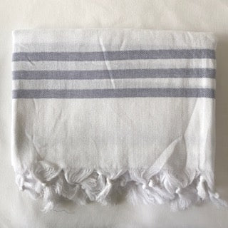 Flat Woven Bath Towel / Throw in Pastel Stripe, White with Dark Grey/Blue